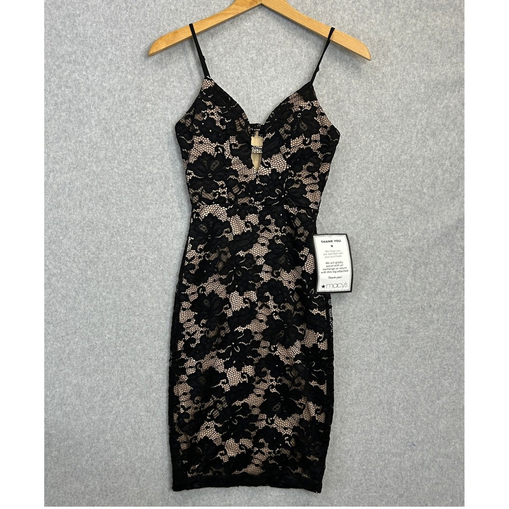 B. Darlin Lace Bodycon Dress Black Beige Floral Cocktail Juniors Size 1 / 2 NWT